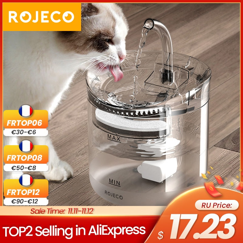 ROJECO 2L Cat Water Fountain Filter Automatic Sensor Drinker For Cats Feeder Pet Water Dispenser Auto Drinking Fountain For Cats